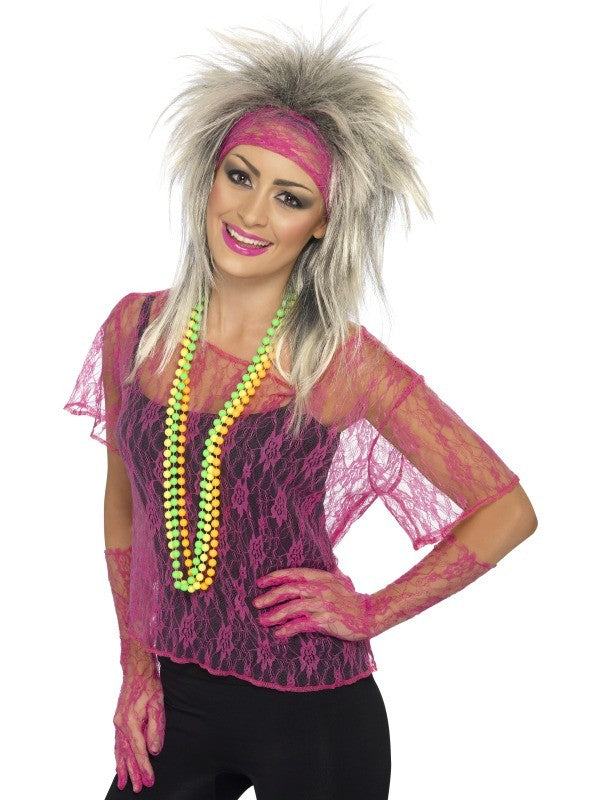 Kit des années 80 en dentelle rose fluo