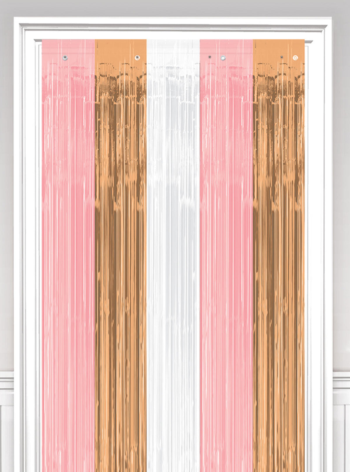 Rideau à franges métallique rose gold, blanc et rose