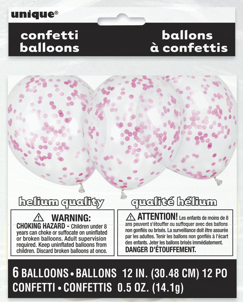 6 ballons avec confettis rose fuchsia (30 cm) - Gamme couleur unie