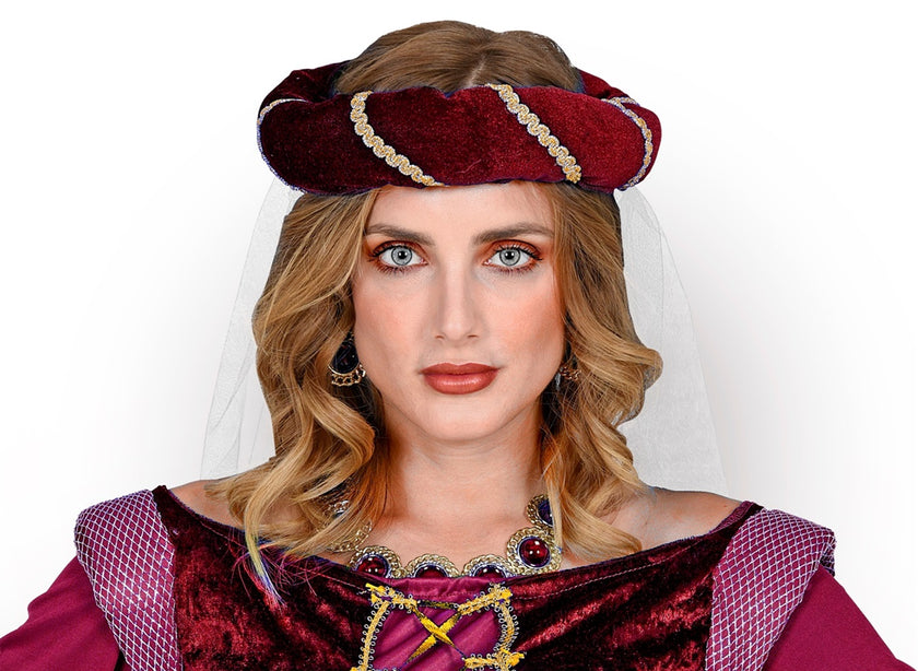 chapeau médiéval bordeaux avec voile femme
