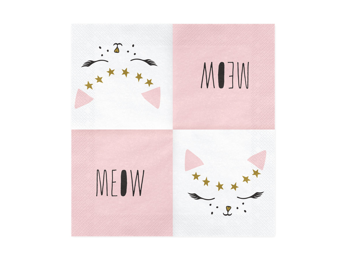 20 serviettes blanches motifs chat en papier - Meow Party