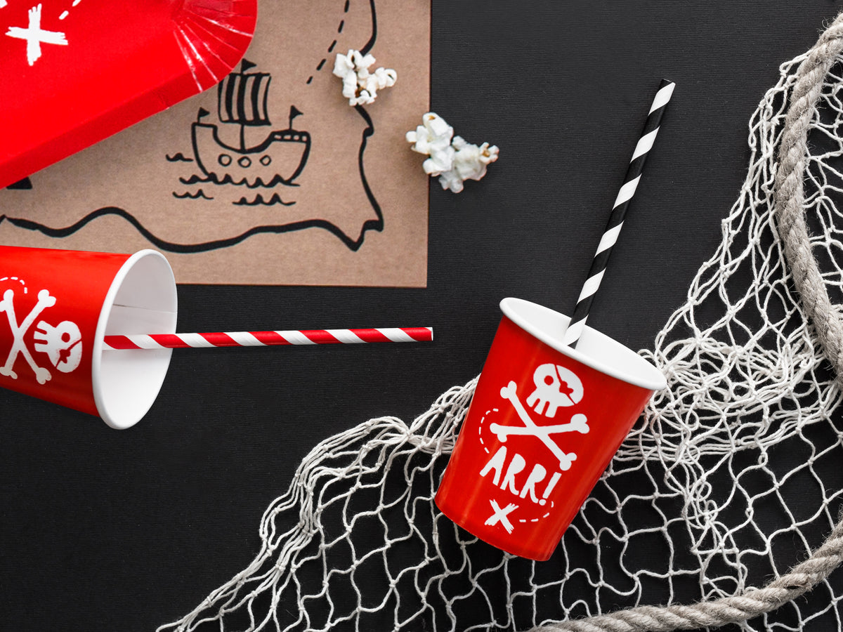 10 pailles rouges à rayures blanches en papier - Pirates Party