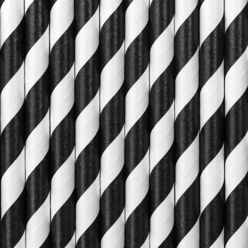 10 pailles noires à rayures blanches en papier - Pirates Party