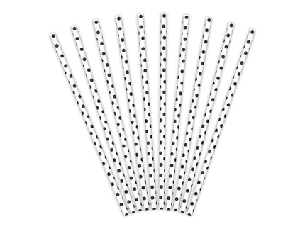 10 pailles blanches à pois noirs en papier - Meow Party