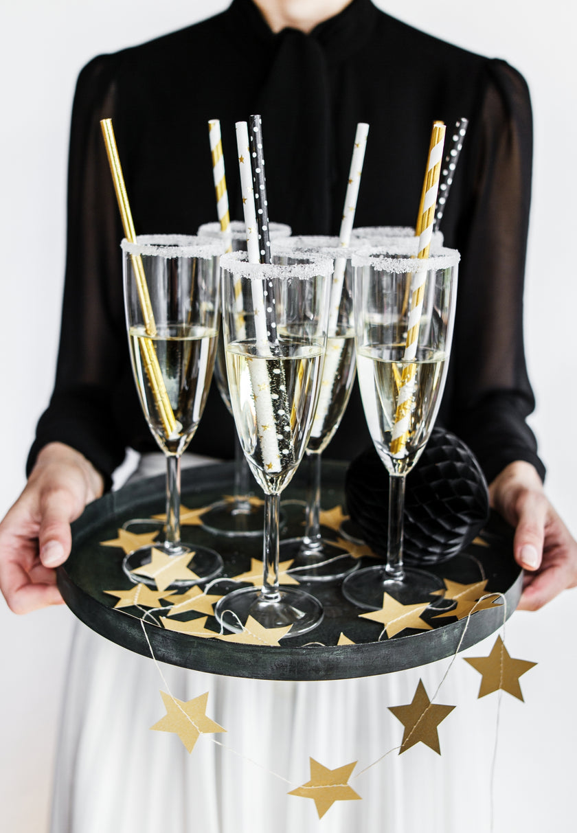 10 pailles blanches avec étoiles dorées en papier - Happy New Year Collection