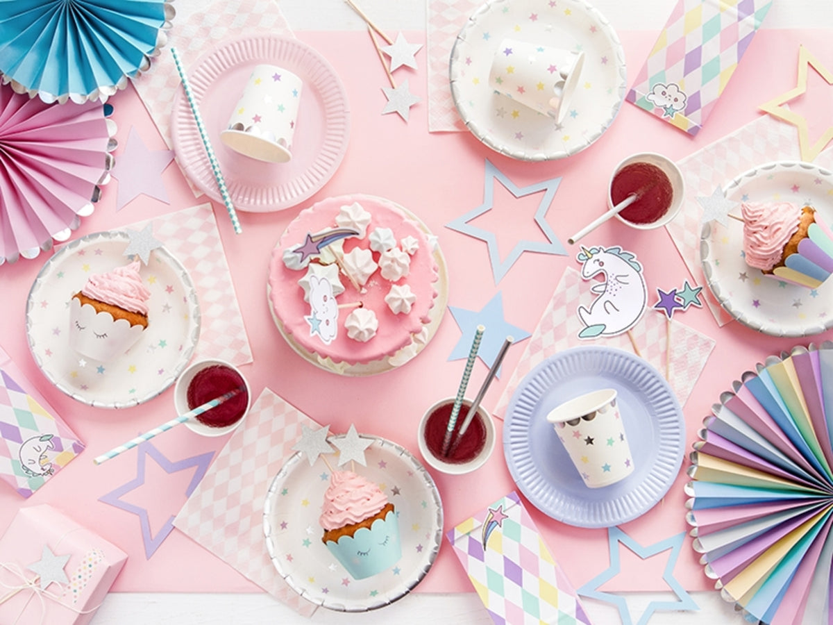 3 rosaces en papier divers tons pastel et bord argenté - Unicorn