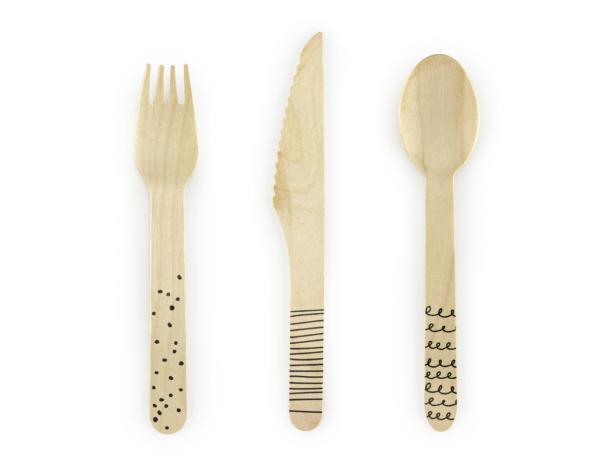 18 couverts motifs noirs en bois