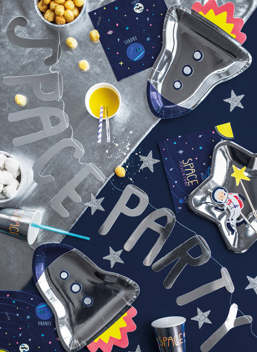 6 assiettes argentées en forme de fusée en carton - Space Party