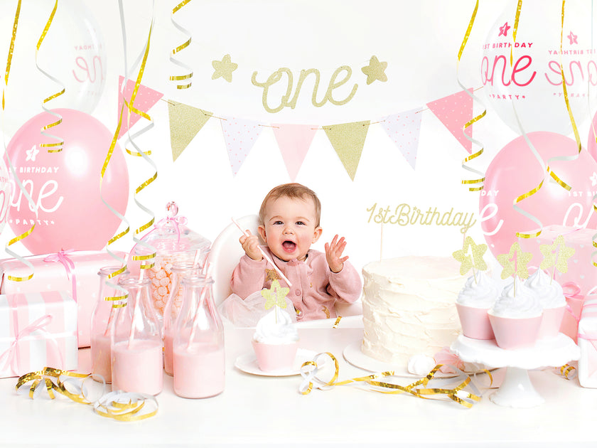 Guirlande fanions motifs à pois roses en papier - Pink 1st Birthday