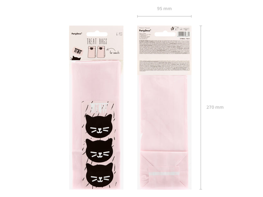 6 sachets roses en papier avec stickers chats - Meow Party