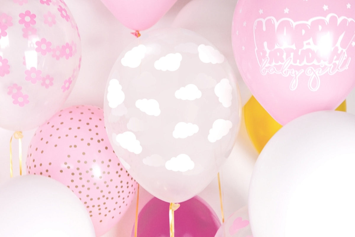 6 ballons transparents avec nuages blancs (30 cm)