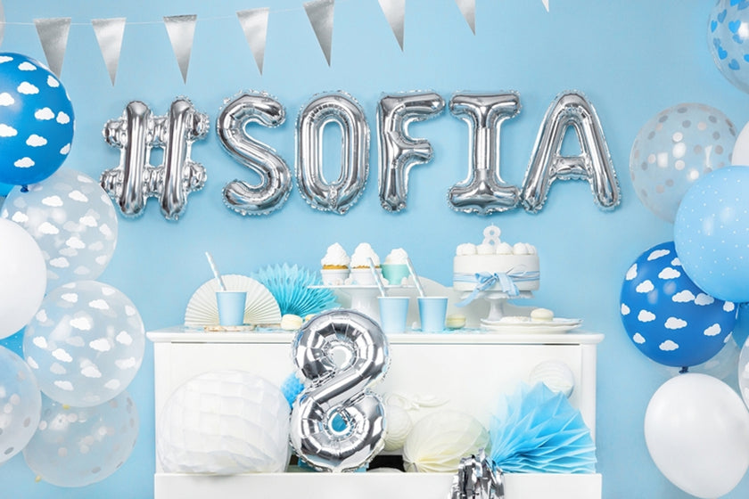 6 ballons bleu clair avec nuages blancs (30 cm)