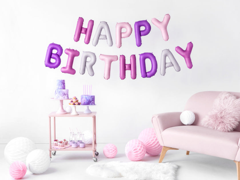 Ballons Happy Birthday tons violets variés (340 cm) - Celebration Party