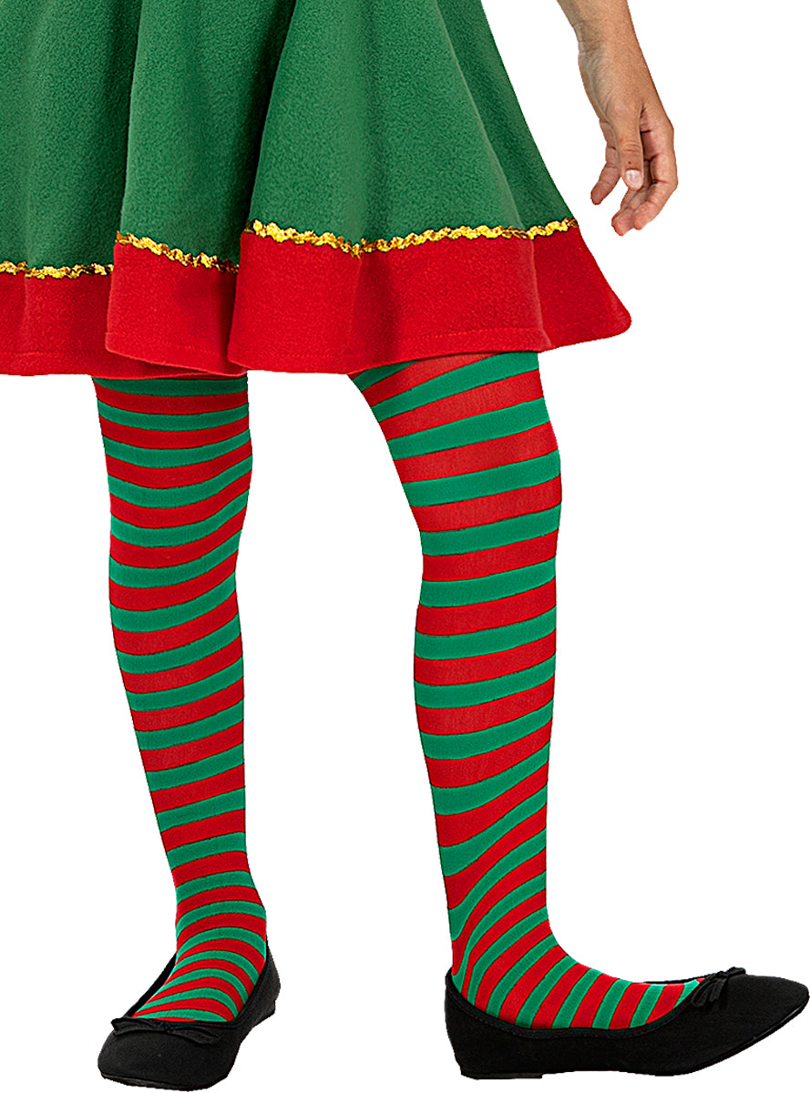 Collants de lutin à rayures rouges et vertes fille
