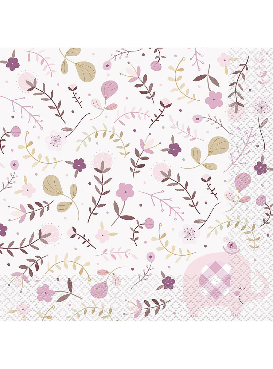 16 serviettes roses baby shower (33x33cm) - Pink Floral Elephant