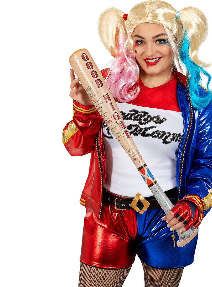 Déguisement Harley Quinn femme avec perruque et batte gonflable grande taille - Suicide Squad