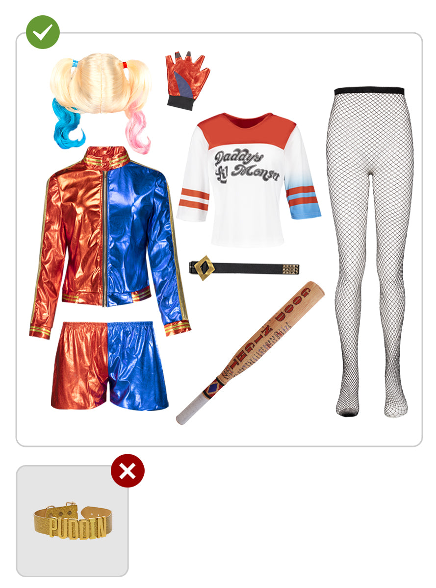 Déguisement Harley Quinn femme avec perruque et batte gonflable grande taille - Suicide Squad