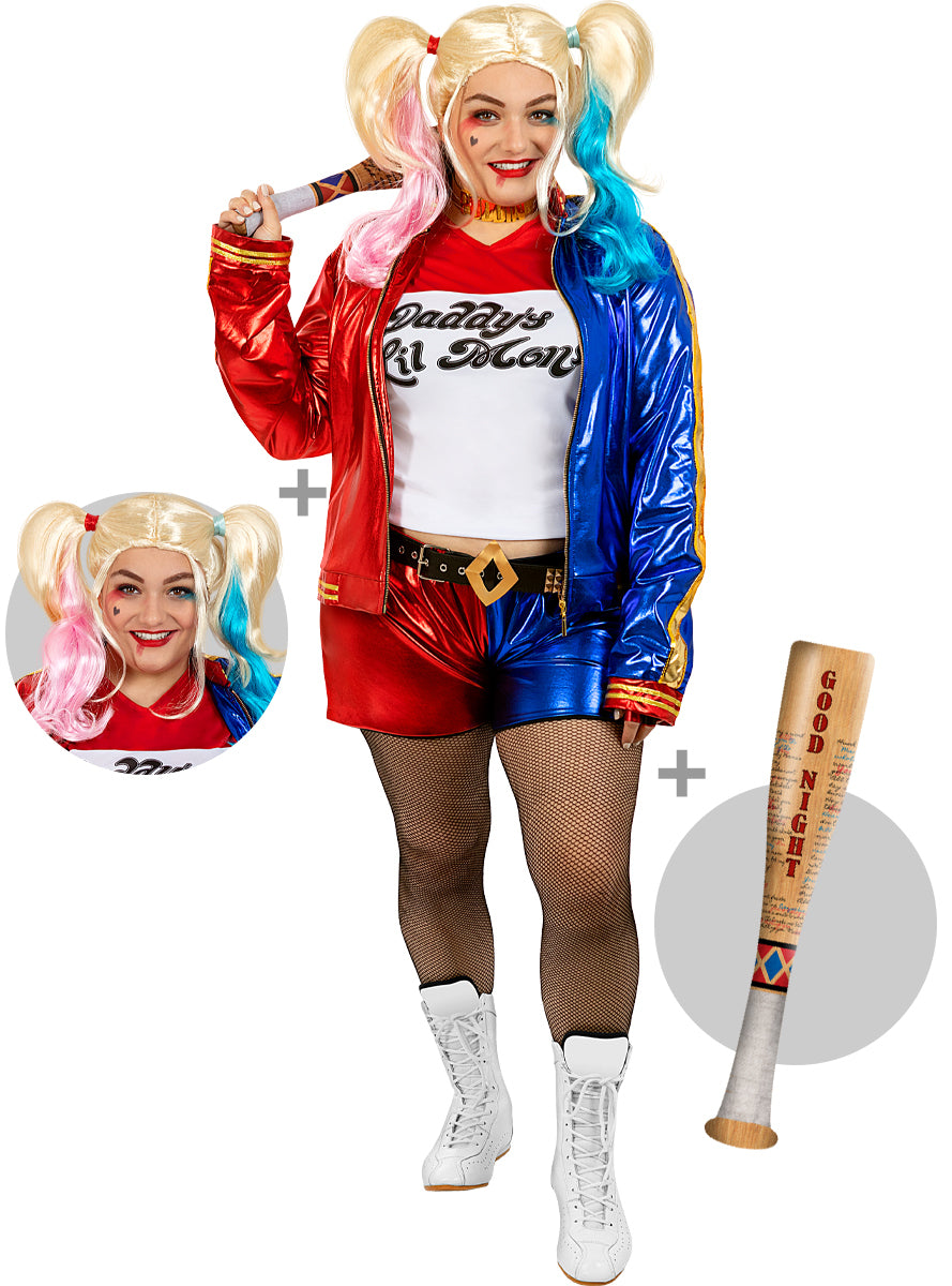 Déguisement Harley Quinn femme avec perruque et batte gonflable grande taille - Suicide Squad