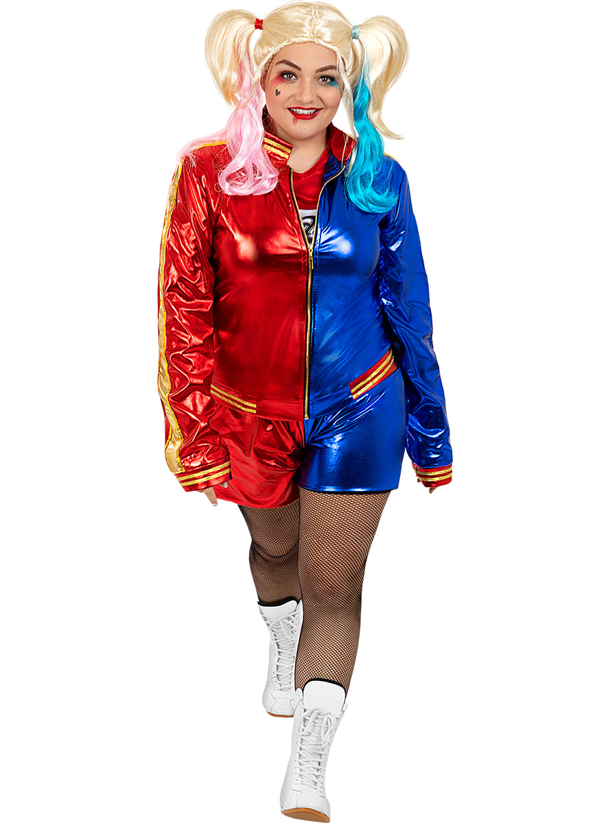 Déguisement Harley Quinn femme avec perruque et batte gonflable grande taille - Suicide Squad