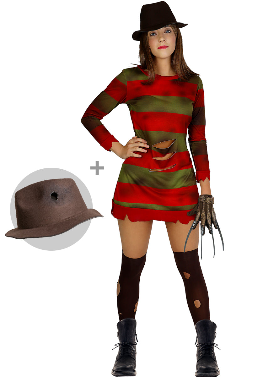Déguisement Freddy Krueger femme avec chapeau grande taille - Les Griffes de la nuit