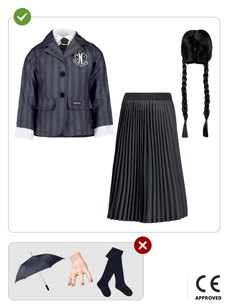 Déguisement uniforme Mercredi Addams avec perruque pour fille - Officiel Netflix