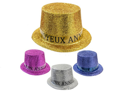 chapeau haut de forme joyeux anniversaire paillettes mix 12cm