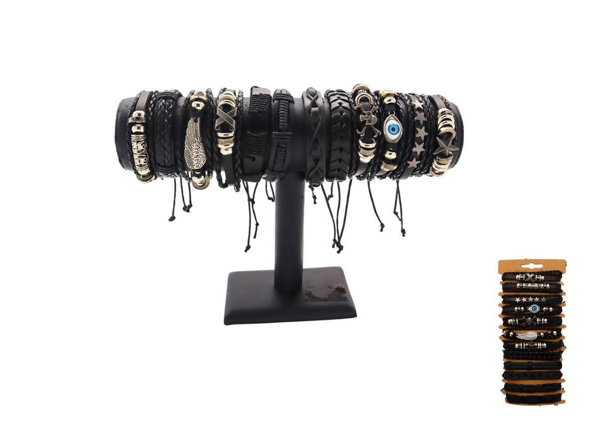 1x lot de 12 bracelets cuir motifs variés mix ii 17cm