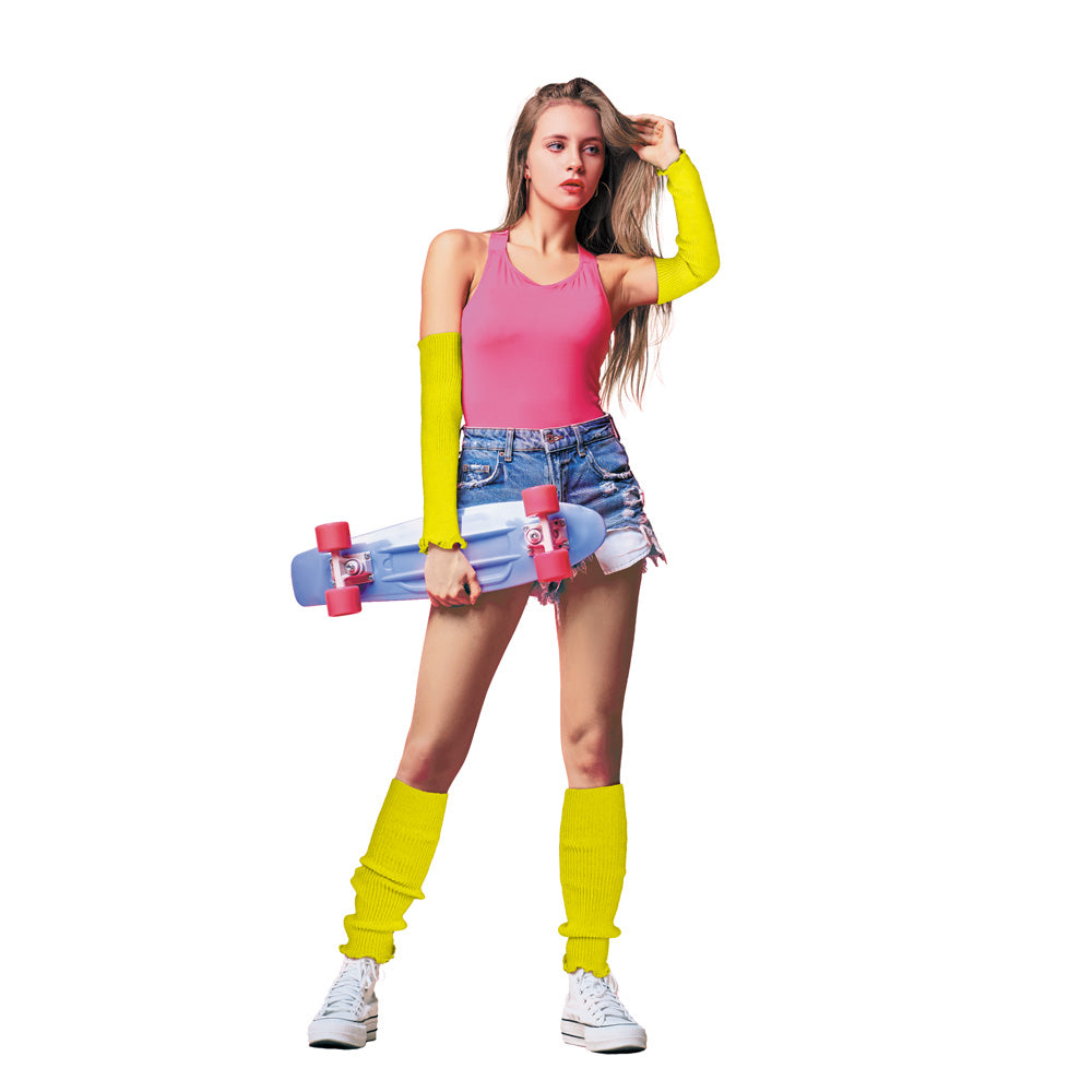 MANCHETTES/GUETRES TRICOT JAUNE FLUO X2