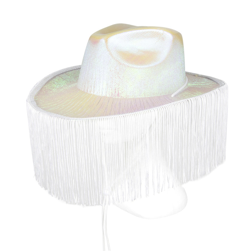 CHAPEAU DE COWBOY BLANC IRISE AVEC FRANGES