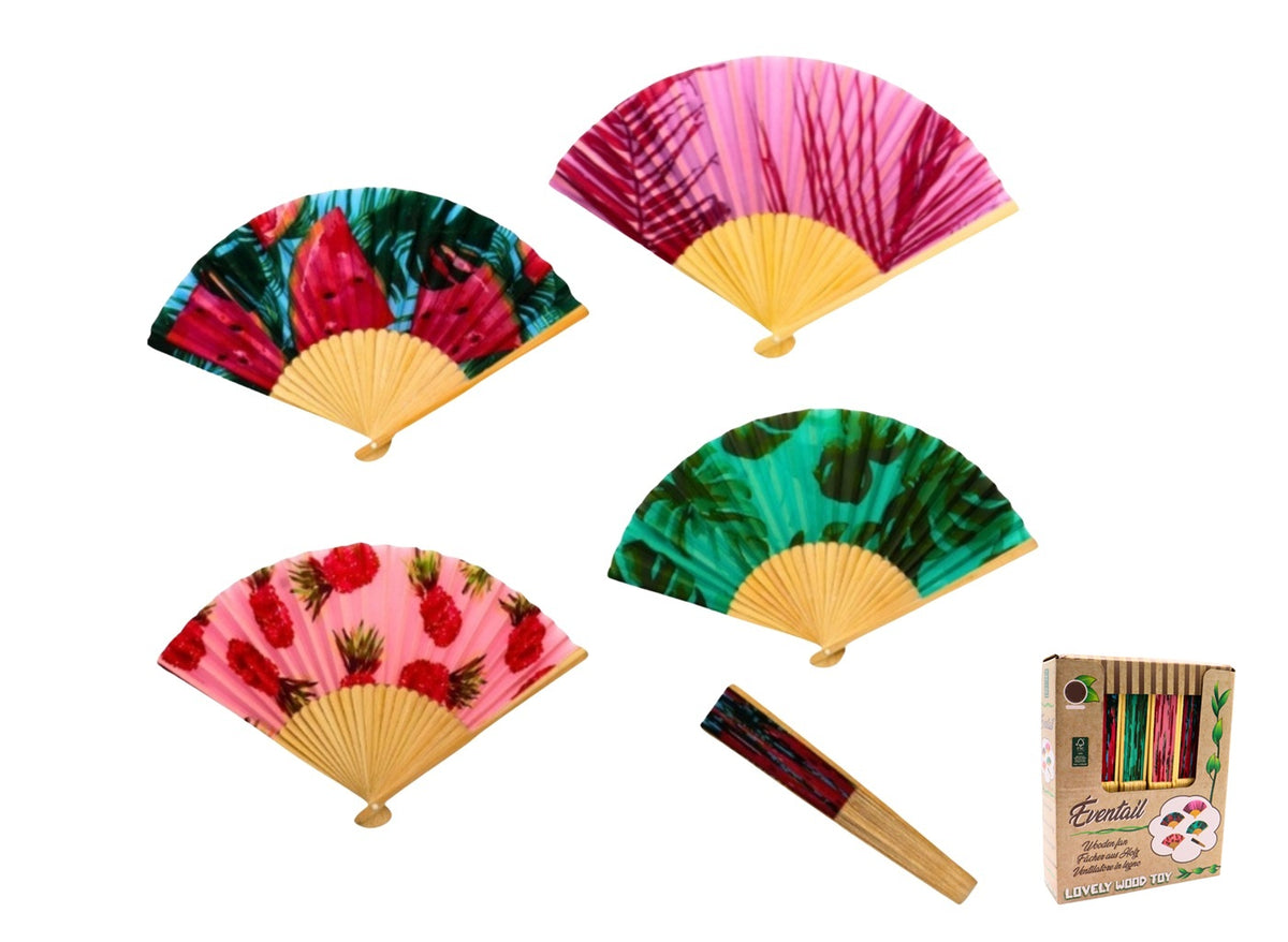 éventail bois mode luxe motifs multicolores mix 21cm