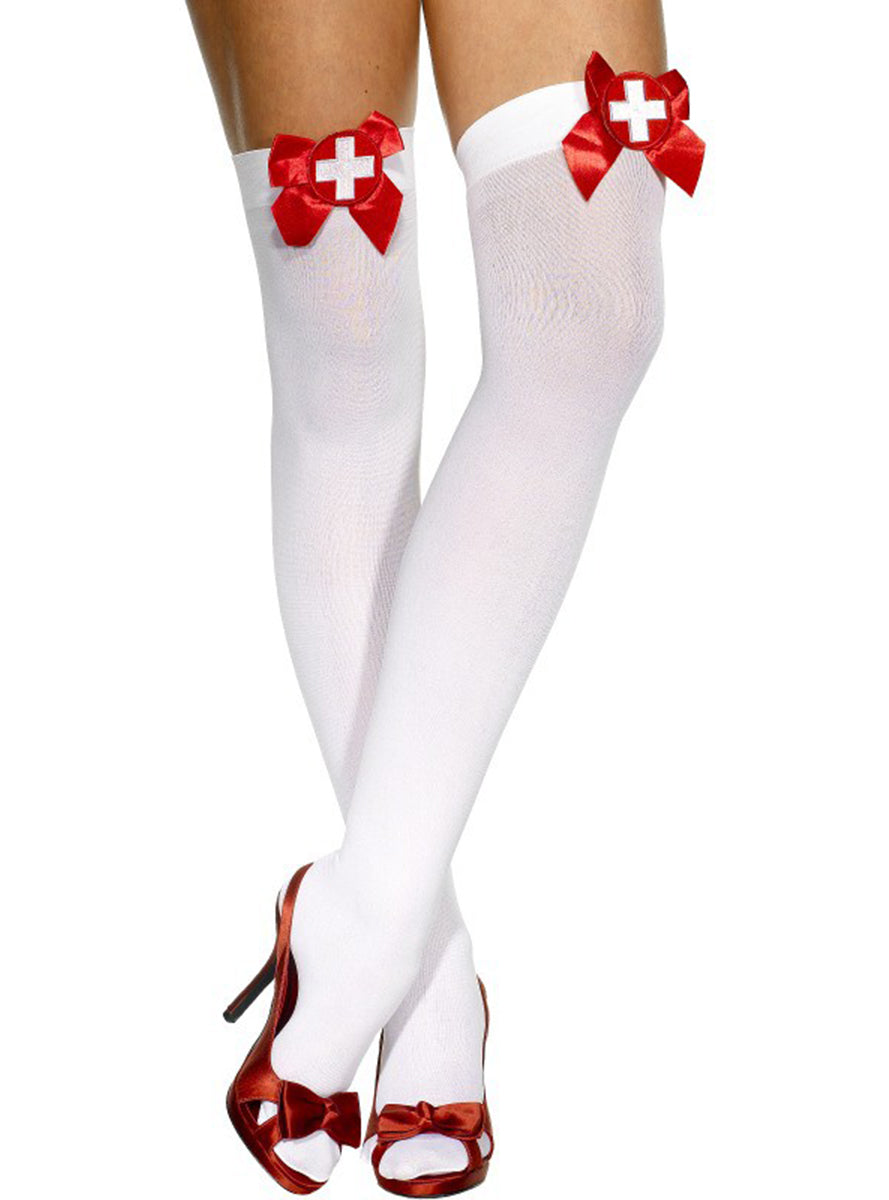 Bas infirmière blanc nœud rouge