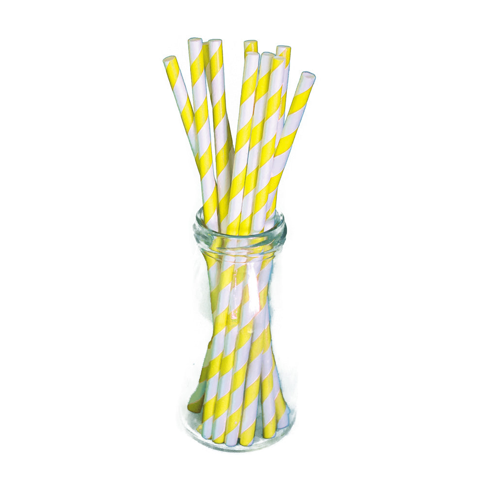 SET 10 PAILLES JAUNES RAYURES BLANCHES