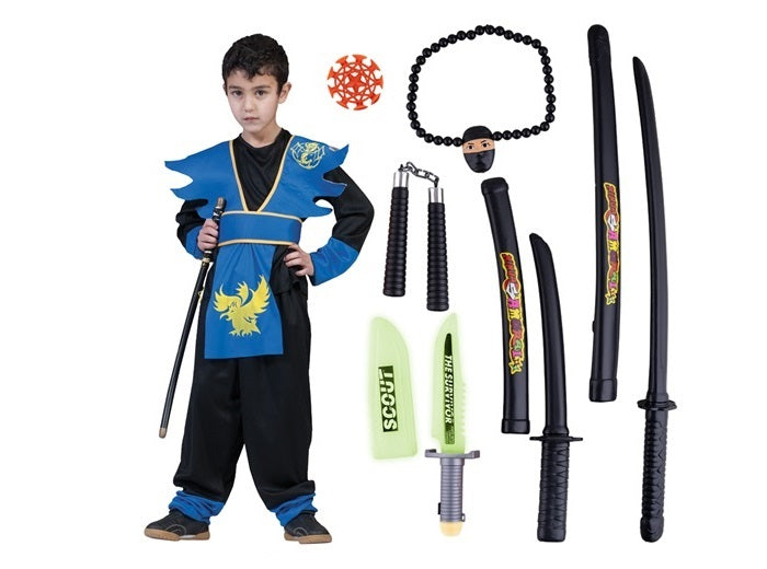déguisement de ninja bleu avec accessoires 7pcs enfant t140cm