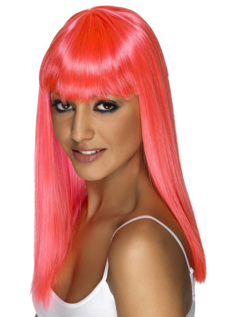 Perruque glamour rose fluo avec frange