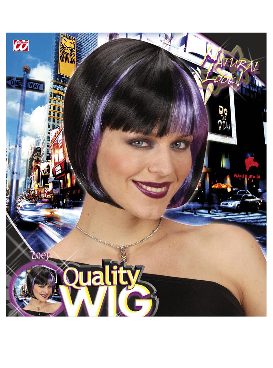 Perruque noire avec mèches violettes femme