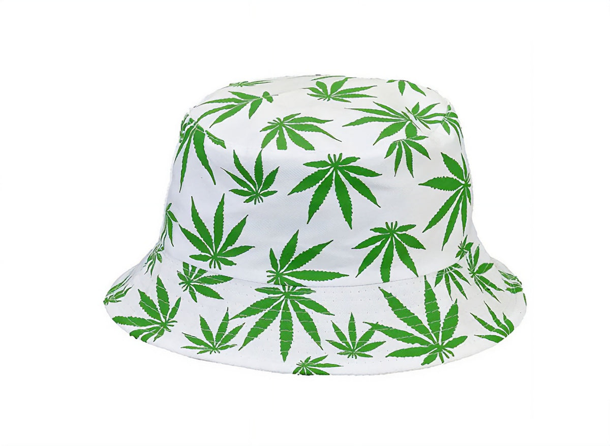 chapeau bob blanc motifs feuilles cbd vert adulte