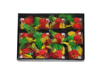 boîte avec 12 broches masques rouge jaune vert