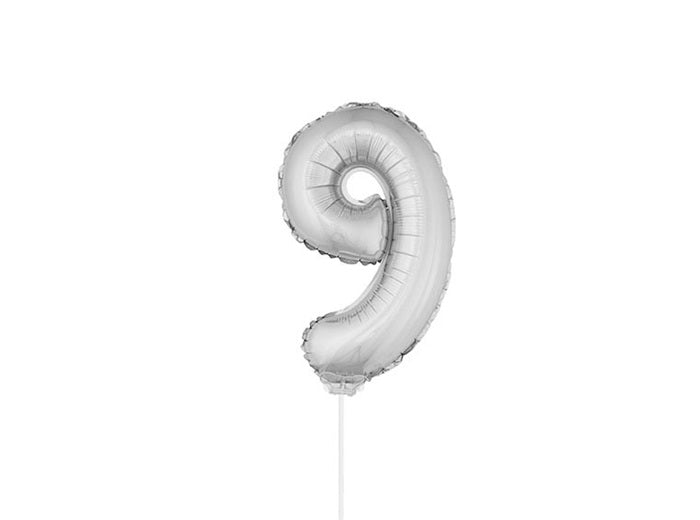 ballon chiffre 9 en aluminium avec bâton argent 40cm