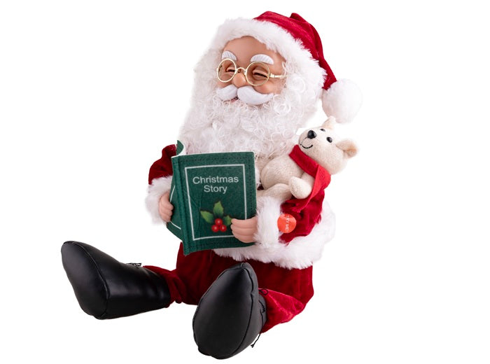 père noël assis avec peluche et livre sonore et motoris 35cm
