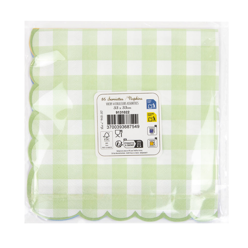 SERVIETTES FESTONNEES 33X33CM VICHY 4 COUL PASTEL ASSX 16