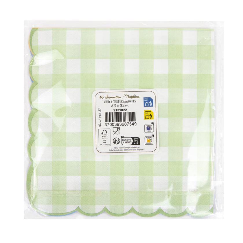 SERVIETTES FESTONNEES 33X33CM VICHY 4 COUL PASTEL ASSX 16