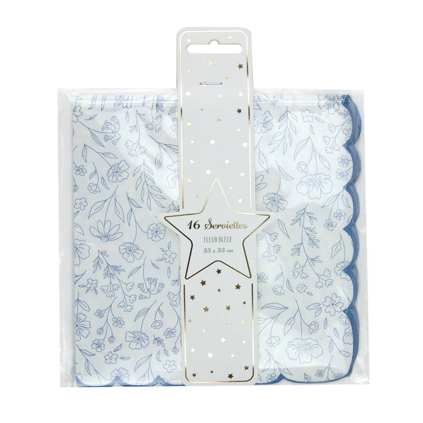SERVIETTES FESTONNEES 33X33CM FLEUR BLEUE X 16