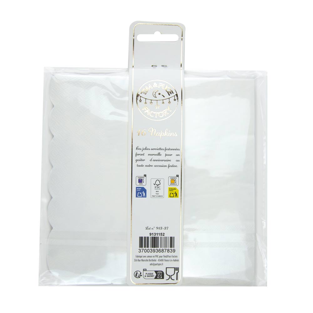 SERVIETTES FESTONNEES 33X33CM FOUGERE WHITE X 16