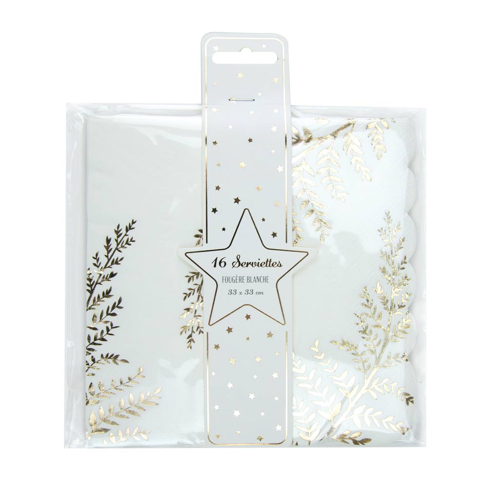 SERVIETTES FESTONNEES 33X33CM FOUGERE WHITE X 16
