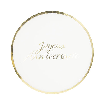Assiettes rondes 22cm joyeux anniversaire or  x 8