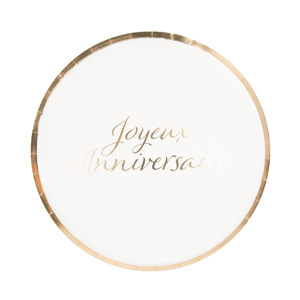 Assiettes rondes 22cm joyeux anniversaire rose gold  x 8