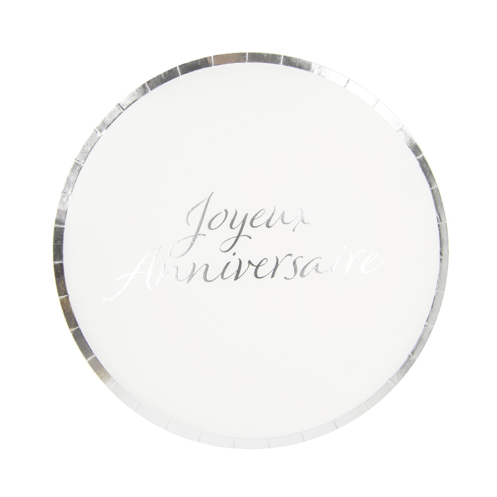Assiettes rondes 22cm joyeux anniversaire argent  x 8