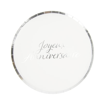 Assiettes rondes 22cm joyeux anniversaire argent  x 8