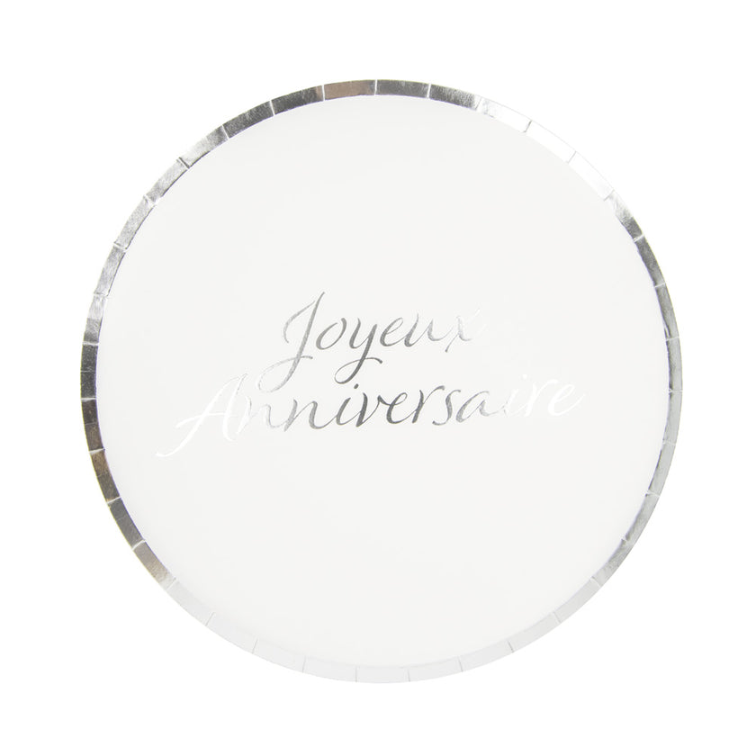 Assiettes rondes 22cm joyeux anniversaire argent  x 8