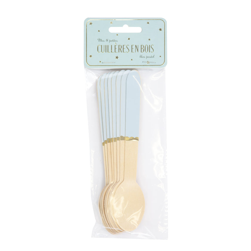 PETITES CUILLERES EN BOIS BLEU PASTEL X 8